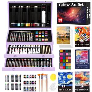 194 Piece Deluxe Art Set, Painting Drawing Art Supplies with 4 Drawing Pads, Acrylic Paints, Crayons, Colored Pencils Set in Wooden Case, Art Kit Gift Box for Kids, Teens, Adults, Artists, Beginners (Purple)