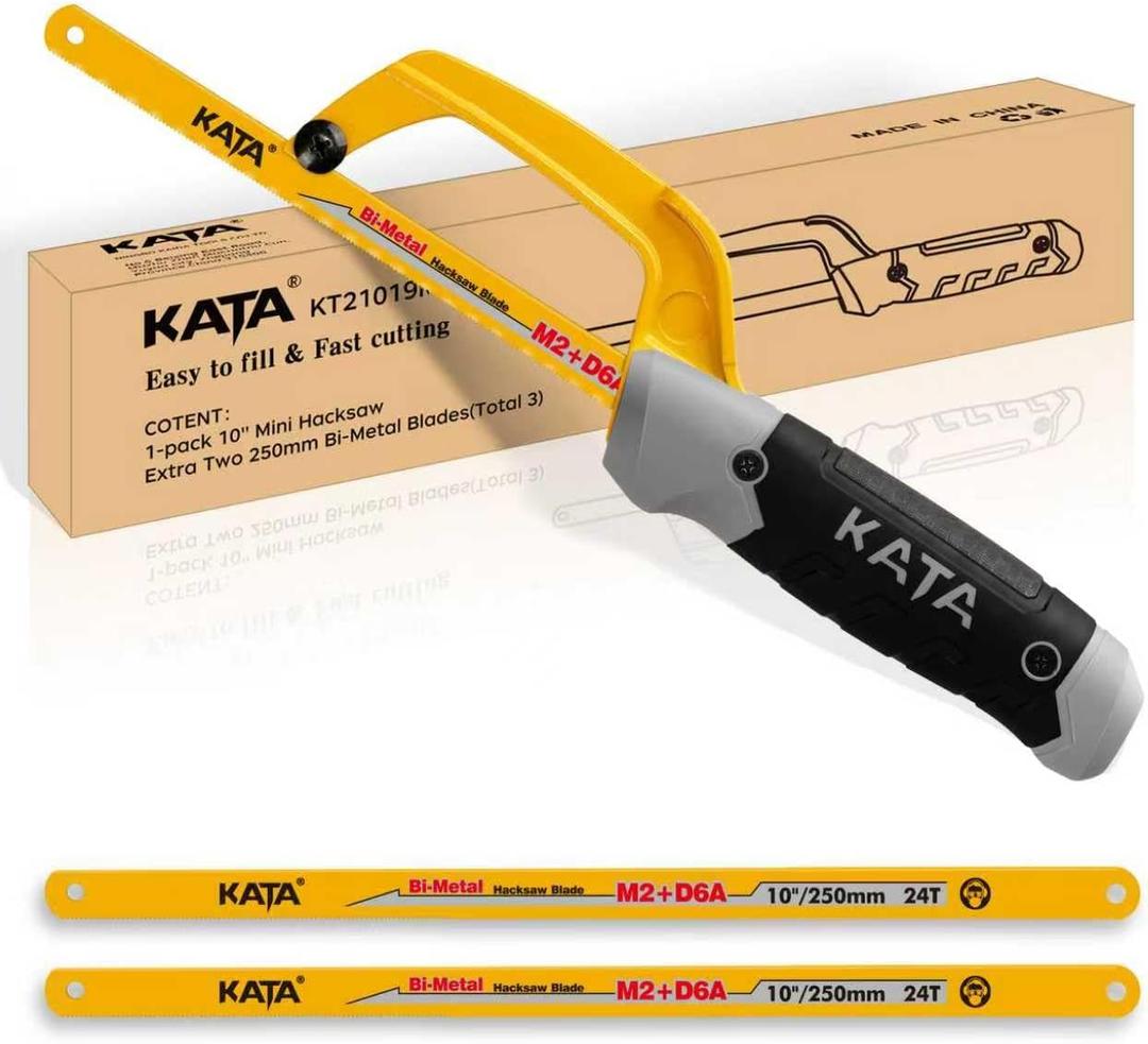 KATA Mini Hacksaw for Metal Cutting, Compact Hand Hack Saw Tool with 10 Inch Aluminum Frame and 2 Piece Extra Flexible Bi-Metal HSS Saw Blades, Small Handsaw Cutter for Wood, PVC, Iron, Copper