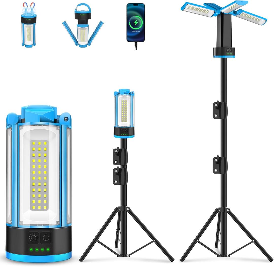 T-SUN Rechargeable 10400mAh Camping Light with Stand, Cordless Work Light with 4 LED Lamp Heads, Portable Light for 6000K Pure Cool White Focused Beam, Detachable Tripod & Storage Bag (Blue)