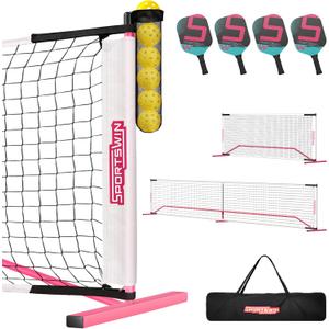 Portable Pickleball Net for Driveway, 22FT & 11FT 2IN1 Pickle Ball Net with 4 Paddles, 8 Pickleballs, Ball Collector, Carry Bag, Practice Net Set for Garages Backyard (White)