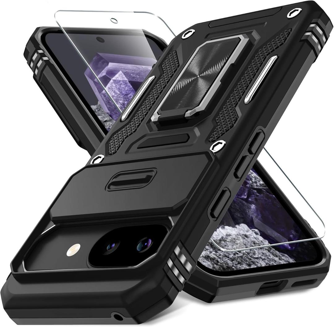 2 x DEERLAMN Case for Google Pixel 10a with Slide Camera Cover+Screen Protector (1 Pack), Rotated Ring Kickstand Military Grade Shockproof Protective Cover-Black