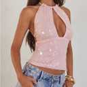 MakeMeChic Women's Sequin Open Back Halter Top Sparkly Cut Out Party Club Crop Tops (Pink, XS)