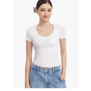 PUMIEY Women's T Shirts Short Sleeve Scoop Neck Basic Going Out Tops Fashion Slim Fit Tee Smoke Cloud Pro Collection, 2XL