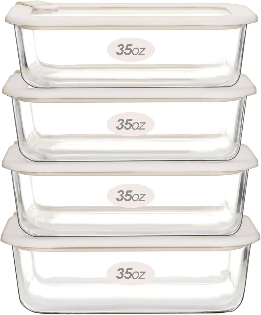 Urban Green Glass Food Storage Containers with Glass Lids, Microwave Safe Food Container Set, Airtight Food Container Set, LeakProof, 100% Plastic Free, White Color, 4pack (Ivory White -4s)