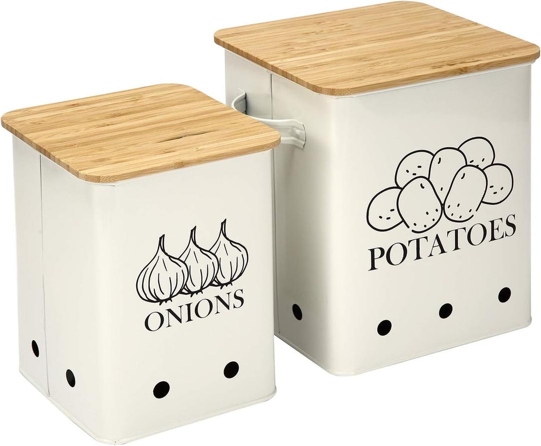 Potato Onion Storage Bin, Kitchen Storage Canister Set of 2, Kitchen Pantry Organizer Tin - Vegetable Fresh Keeper with Aerating Tin Storage Holes & Wooden Lid (White)