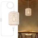 Plug in Pendant Light, Rattan Hanging Lights with Plug in Cord 15ft Dimmable Cord, Hand Woven Wicker Lampshade Hanging Lamp, Boho Plug in Hanging Ceiling Light Fixture for Farmhouse Bedroom White