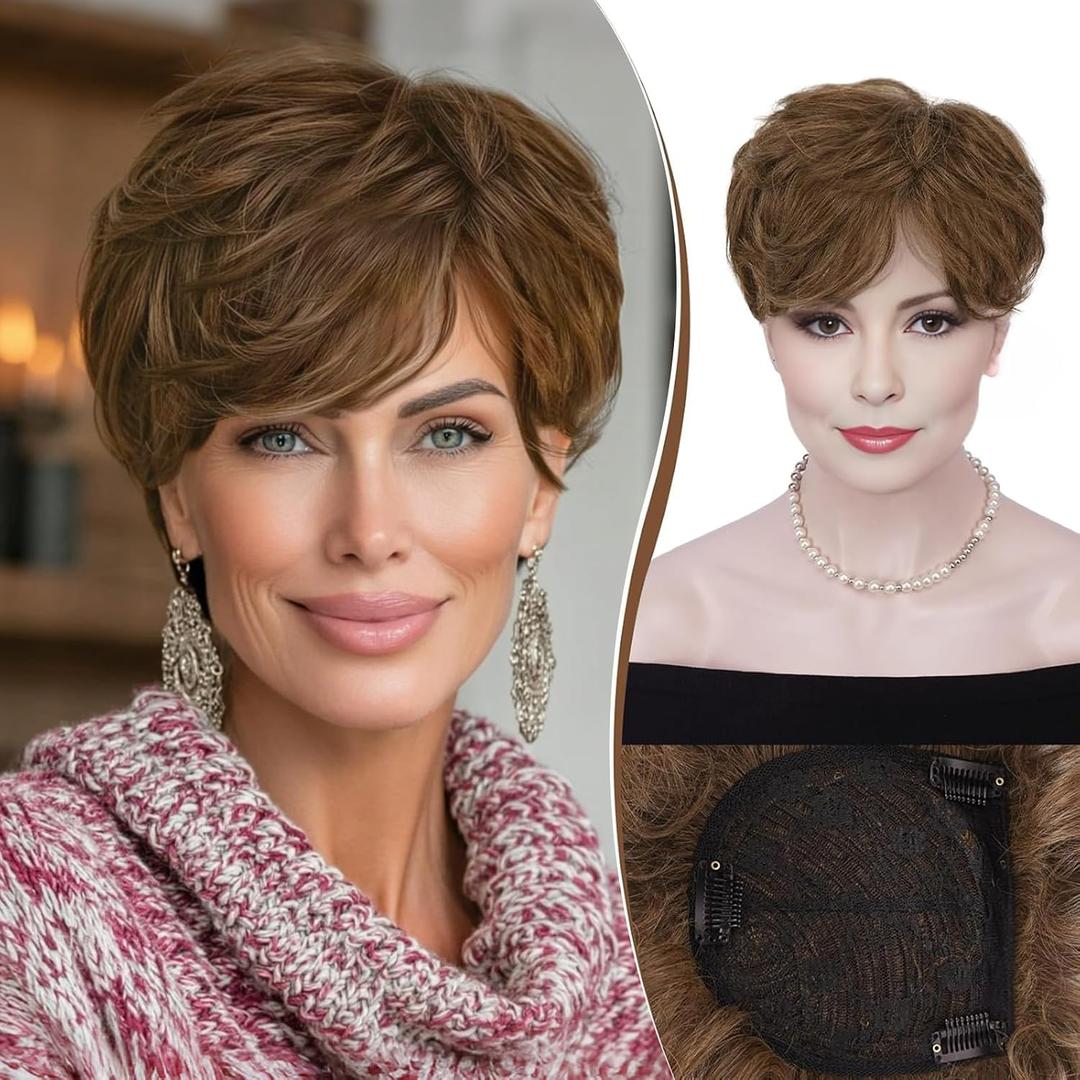 RUWISS Short Hair Toppers for Women Real Human Hair, 5x5.5 Base Pixie Cut with Bangs, 2/6#NEW
