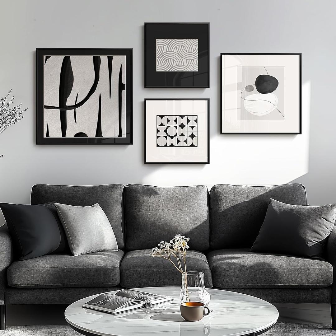 Framed Black and White Modern Abstract Set of 4 Wall Art, Large Minimalist Geometric Canvas Bohemian Paintings Wall Decor Art Prints Pictures for Living Room, Dining, Office (Black and White Modern)