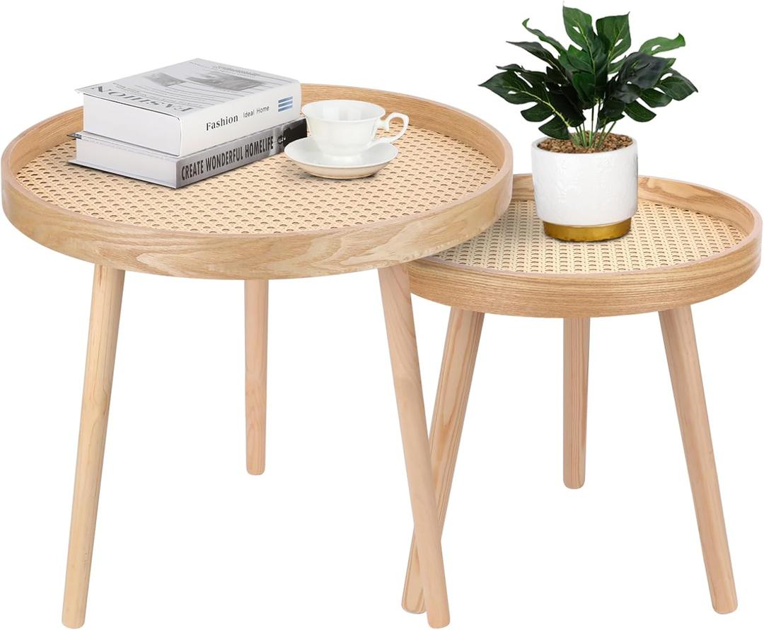 Round Coffee Table Set of 2, Natural Boho Coffee Tables, Small Mid Century Modern Rattan Coffee Table, Boho Side Table End Tables for Living Room Bedroom Office Natural Walnut - Set