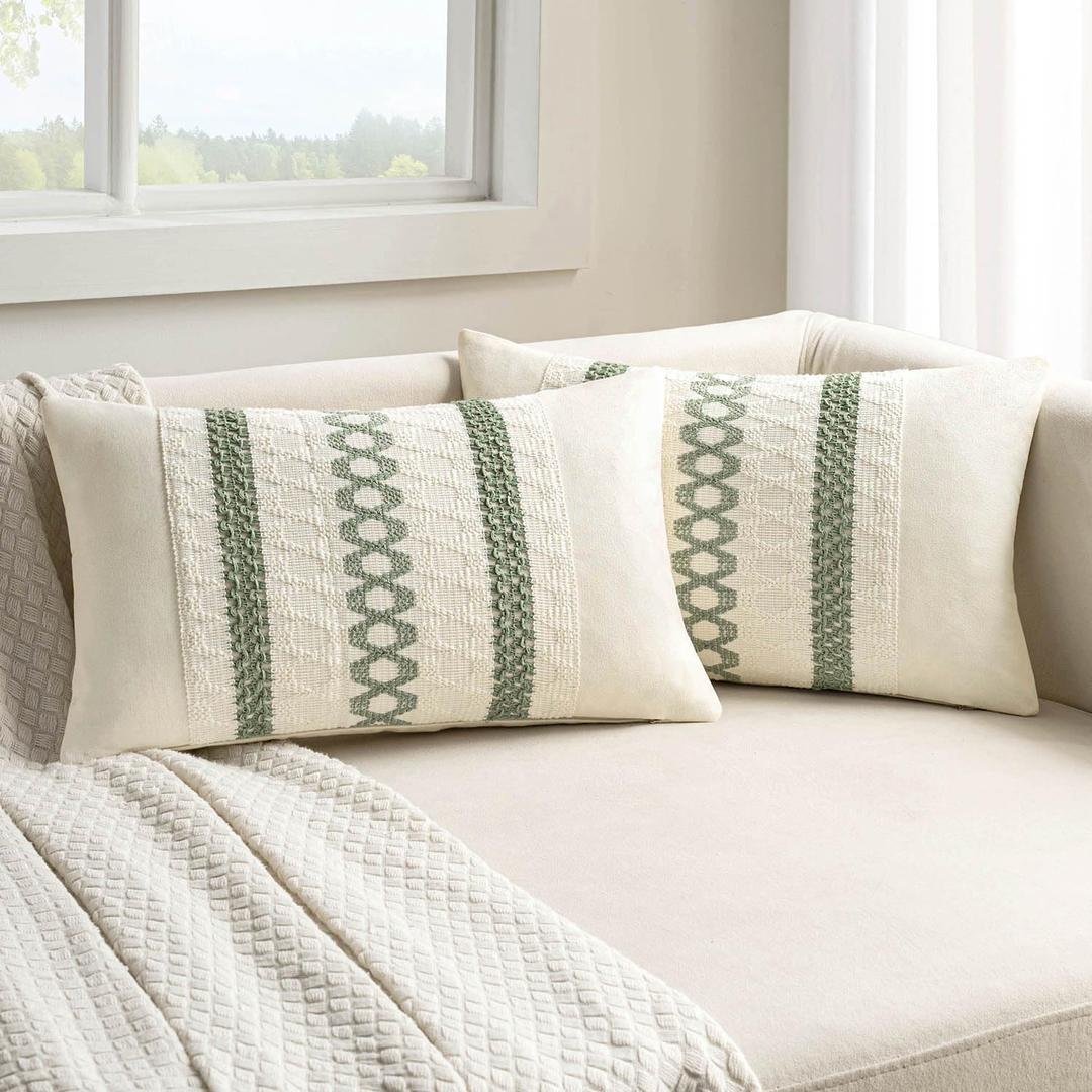MIULEE Set of 2 Sage Green Boho Decorative Lumbar Pillow Covers 12x20 Inch Farmhouse Rustic Couch Throw Pillows Modern Summer Cushion Covers Retro Cute Macrame Woven Spring Decor for Bed Sofa Chair