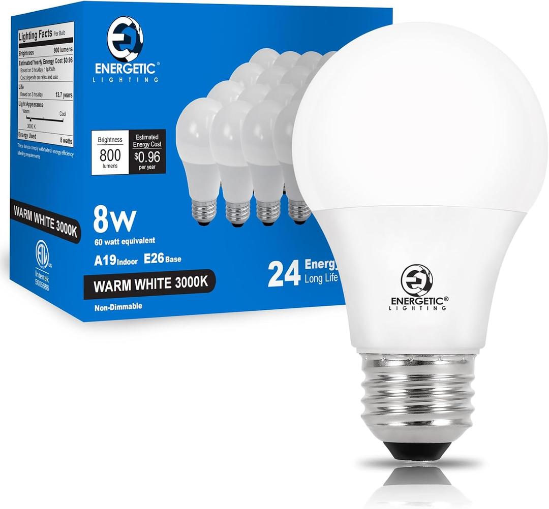 Energetic Light Bulbs 60 Watt Equivalent, A19 Warm White LED Light Bulbs, 15000 Hrs E26 Base, 8W, 800LM, 3000K Light Bulb, ETL Listed, Non-Dimmable, 24-Pack