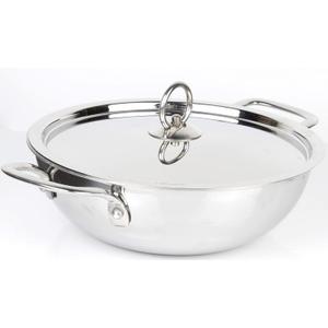 Triply Stainless Steel Kadai with Steel Lid | Everyday Pan, Stir Fry Pan with Triply Base, Saute Chefs Pan with Glass Lid, Multipurpose Stewpot Skillet, Diameter: 24 cm, Capacity: 2.5 L (2.64 Quart)