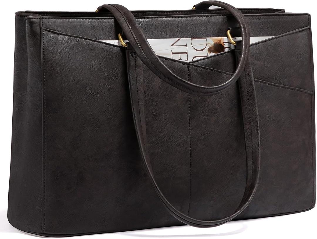 LOVEVOOK Laptop Bag for Women,15.6 Inch Laptop Tote Bag for Women, Vintage Leather Work Tote Bags Computer Business Teacher Bag, Waterproof Office Briefcase (Black Coffee)