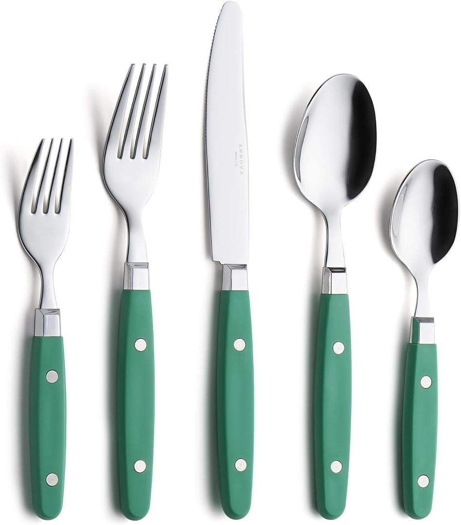 ANNOVA Silverware Set, Retro/Rivet Colorful Stainless Steel Tableware Kitchen Flatware Set Utensils, Includes Dinner Knives, Forks, Spoons, Salad Forks & Dessert Spoons (Green, 20 Pieces)