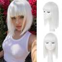 White Bob Wig With Bangs - Heat Resistant 14Inch Synthetic Hair, Short Straight Shoulder Length Natural-Looking Cosplay Wig for Daily Use, Parties & Women Girls