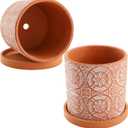 Jucoan 2 Pack Terracotta Plant Pot, 5'' Red Clay Planter Pot with Boho Flower Pattern, Ceramic Cactus Flower Planter Succulent Pot with Drainage Hole and Saucer for Indoor Outdoor Plant