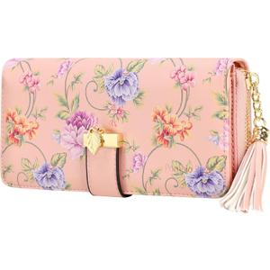 RFID Wallets for Women with Multiple Card Slots and Cellphone Compartment, Womens Wallet (Pink Rattan)