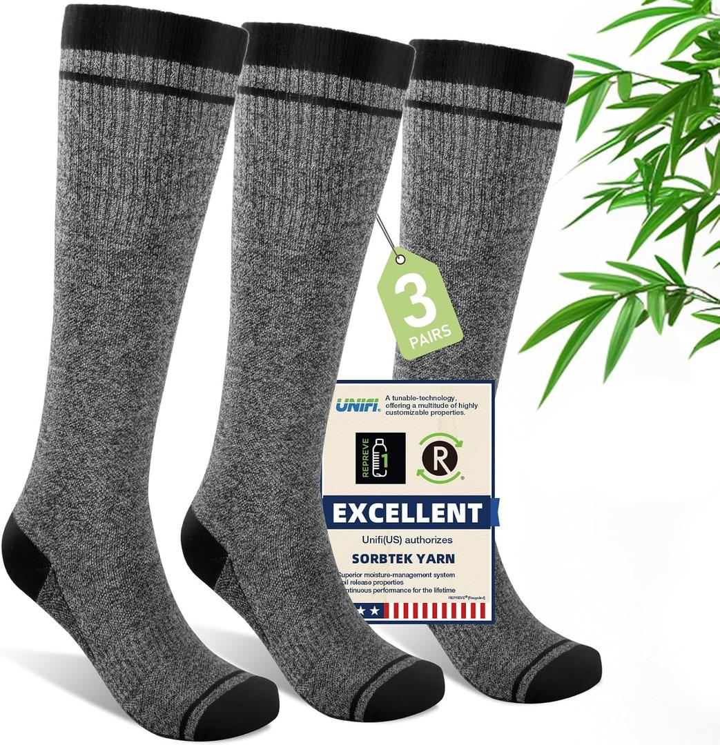 Mens Compression Socks for Men Women (3 Pairs) 15-20 mmHg Bamboo Viscose Knee High Sock for Travel L/XL (Light Gray)