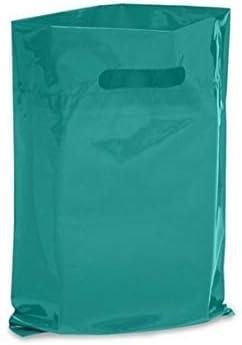 Brilliant Bag Co Extra Thick 1.5mil - 50 Glossy Merch Bags, Retail bags, 9" X 12" with Die Cut Reinforced 3" Fold Over Handle, No Gusset (Turquoise)