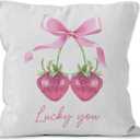 Pink Strawberry Throw Pillow Covers 18x18, Coquette Pink Bow Cherry Strawberry Lucky You Decorative Pillow Covers for Girly Bedroom Dorm, Preppy Room Decor Accent Pillows Cover Pillowcases