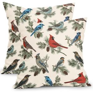 Winter Pillow Covers 18x18 Inch Red and Blue Birds Decorative Throw Pillows Set of 2 Christmas Pinecone Pillow Cases for Sofa Couch Home Xmas Decor
