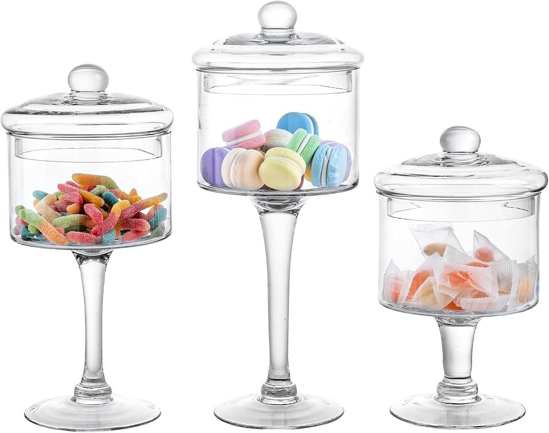 MyGift 3-Piece Clear Glass Apothecary Candy Jar Set with Lids  Decorative Party Display Containers for Wedding Centerpieces, Dessert Tables, Kitchen Counter Storage, and Bathroom Dcor