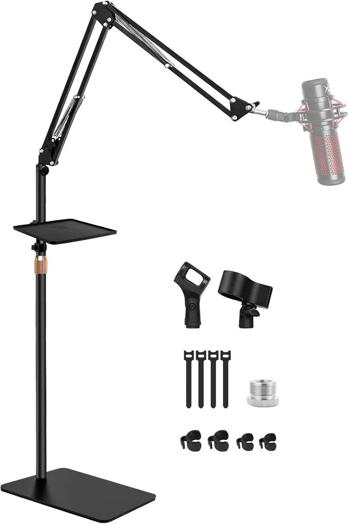 BILIONE Microphone Stand with Weighted Base, Mic Floor Stand Boom Arm with Mic Accessory Tray, Microphone Clip Holder, 3/8" to 5/8" Screw Adapter, Cable Ties