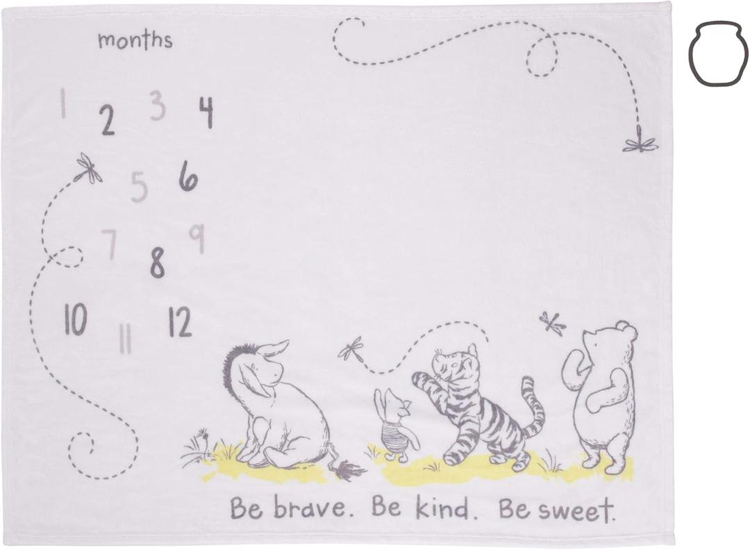Disney Classic Winnie The Pooh, White, Grey & Lime Super Soft Milestone Baby Blanket, White, Grey, Lime, Charcoal