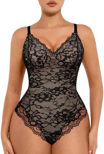 FeelinGirl Shapewear Lace Bodysuits for Women Shapewear Tummy Control V-Neck Bodysuit Sleeveless Tops Jumpsuit L