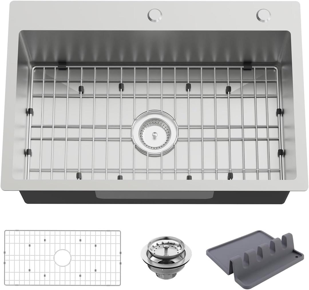 Kitchen And Bar Sink, 27x18 Inch Stainless Steel Drop In Modern Single Bowl Topmount Kitchen And Bar Sink Combo-SS Grid,Spoon Rest,Drain Strainer Set Compatibility With Various Kitchen&Bar Style