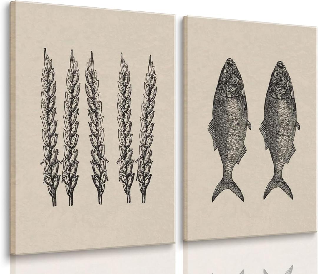 2 Pcs Jesus Feeds The 5000 Wall Art Miracle Of The Five Loaves And Two Fish Canvas Prints Black And White Christ Bible Verses Story Wall Decor Minimalist Posters Picture For Church Paintings Framed