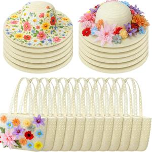 12 Sets DIY Straw Hat with Handbag Tea Party Hat and Purse for Beach Summer Farmer Cap Birthday Party Travel Gift
