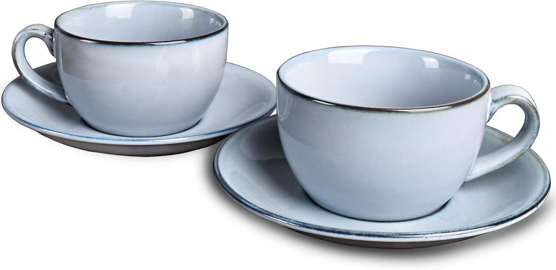 Bosmarlin Ceramic Coffee Cup Mug with Saucer Set of 2 for Latte, Cappuccino, Tea, 8.5 Oz, Dishwasher and Microwave Safe(Grey&Blue, 2)