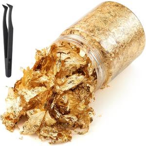 Gold Leaf Flakes with Tweezers,10g Metallic Gold Foil Flakes for Resin, with Tweezers, Imitation for Nail Art, Crafts, Slime, Painting, Jewelry Making, DIY Craft Supplies