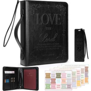 IVGHV Leather Bible Cover for Men, Premium PU Leather Bible Cover Case for Women Large, Church Bag, Carrying Book Case, Bible Book Cover with Handle&Zippered Pocket, Bible Bag for Men & Women (Black)
