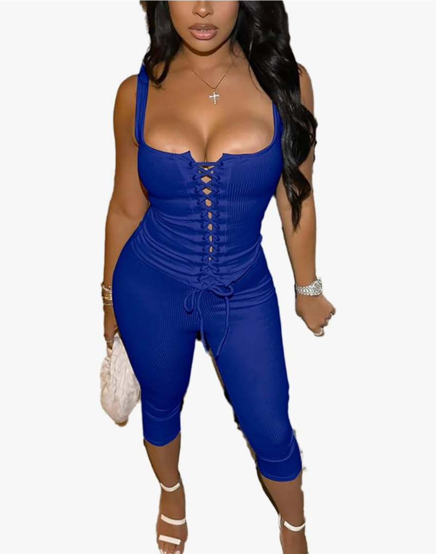 Women’s Sexy 2 Piece Outfits Sleeveless Capri Sets Tie Up Tank Top & Short Set Summer Pants Set Going Out Club Outfit L