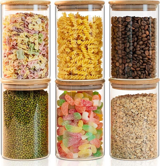 Glass Food Storage Jars 37 oz Set of 6,Glass Storage Containers Clear Glass Food Canister with Bamboo Lid Airtight For Serving Tea, Coffee, Flour, Sugar, Candy, Cookie, Spice and More (Square)