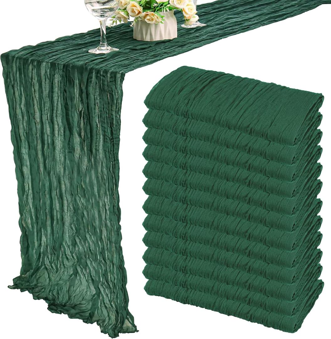 5 x 12 Pack 10Ft Cheesecloth Table Runner 35x120 Inch Boho Gauze Table Runner Rustic Cheese Cloth Long Romantic Table Runners for Wedding Bridal Shower Birthday Party Table Decor (Dark Green)