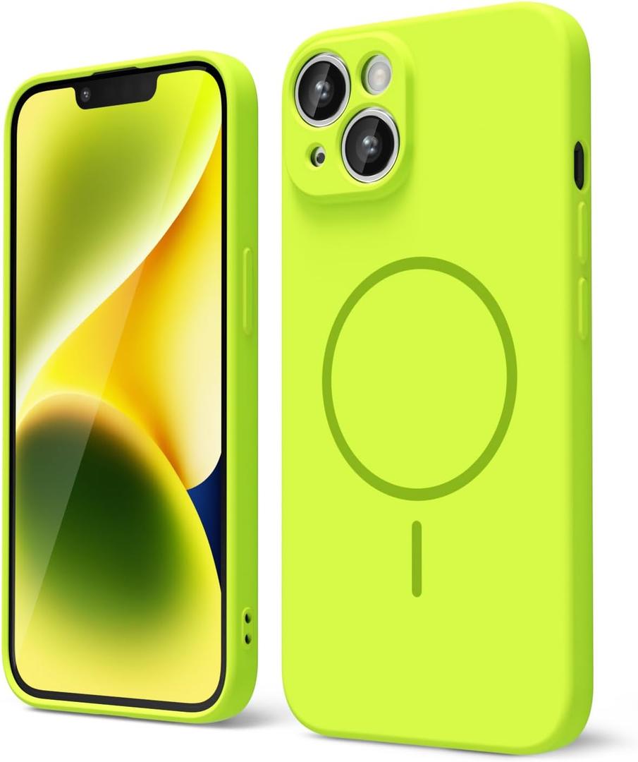 oakxco for iPhone 13 iPhone 14 Case Silicone Mag Safe, Magnetic Slim Thin Phone Case Compatible with Magsafe, Women Girls Cute Girly Bright Fluorescent Rubber Safecase with Camera Cover, Neon Green