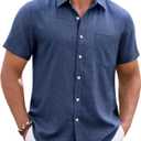 Mens Linen Shirt Short Sleeve Wrinkle Free Casual Untucked Button Down Shirts Beach Breathable Tops Summer (Blue, XL)