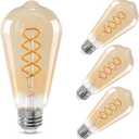Decoaui ST64 LED E26 Vintage Edison Light Bulbs, Light Amber Glass, Dimmable, 4W(40W Equivalent) 300 Lumens, 2500K Warm White, Spiral Filaments Design, Antique Style, 25000 Hrs, 4-Pack