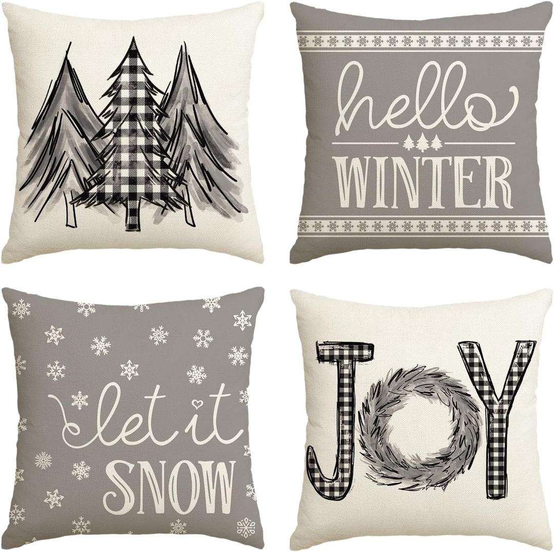 AVOIN colorlife Merry Christmas Trees Mottos Gray Throw Pillow Covers, 18 x 18 Inch Hello Winter Let it Snow Holiday Cushion Case Decoration for Sofa Couch Set of 4