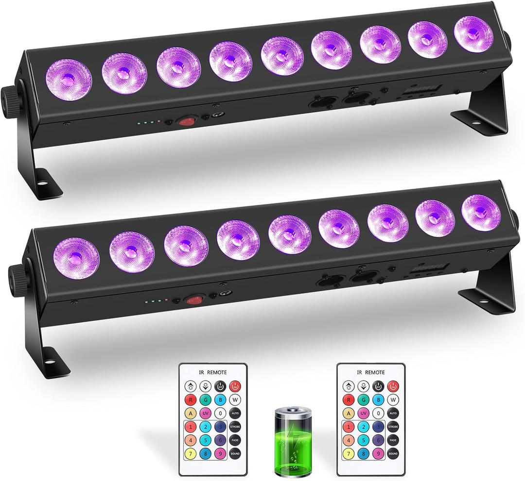 Rechargeable Stage Lights Bar,2Pack 9 LED RGBWA+UV Battery Powered DJ Light Strip Built-in 5200mAh Battery Remote Control DMX512 Sound Activated Uplights for Church Events Wedding Disco Party