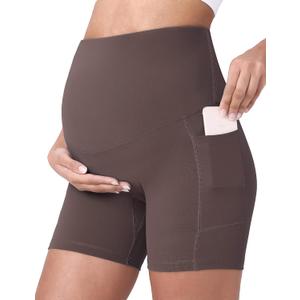 POSHDIVAH Women's Maternity Yoga Shorts Over The Belly Bump Summer Workout Running Active Short Pants with Pockets Dark Brown 5" Large