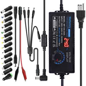 Universal Power Supply 3V~24V 6A 144W Adjustable Variable 3V 5V 9V 12V 18V 20V 24V AC/DC Adapter Charger, 100V-240V AC to DC Converter with 14 Tips, Polarity Converter and 4-Way Power Splitter Cable