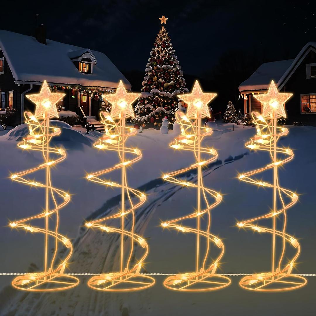 Spiral Christmas Tree Outdoor Decorations - 4 Pack Spiral Christmas Tree Pathway Lights Waterproof - Spiral Lighted Christmas Lights for Indoor Outdoor Xmas Holiday Decor, Warm White