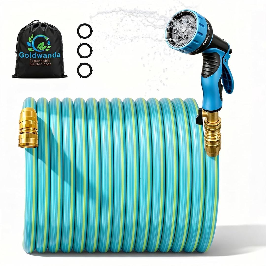 Goldwanda Expandable Garden Hose 50FT Expanded Length – Retractable, Kink-Free TPV Material, 10-Pattern Nozzle, Solid Brass Fittings (blue-green, 5/8" x 50ft)