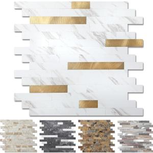 Yipscazo 10 Sheets Peel and Stick Stone Metal Tile Backsplash, Stick on Tiles for Backsplash Kitchen, Bathroom, Laundry Room, Camper, Fireplace (12'' X 12'', White Stone with Gold)