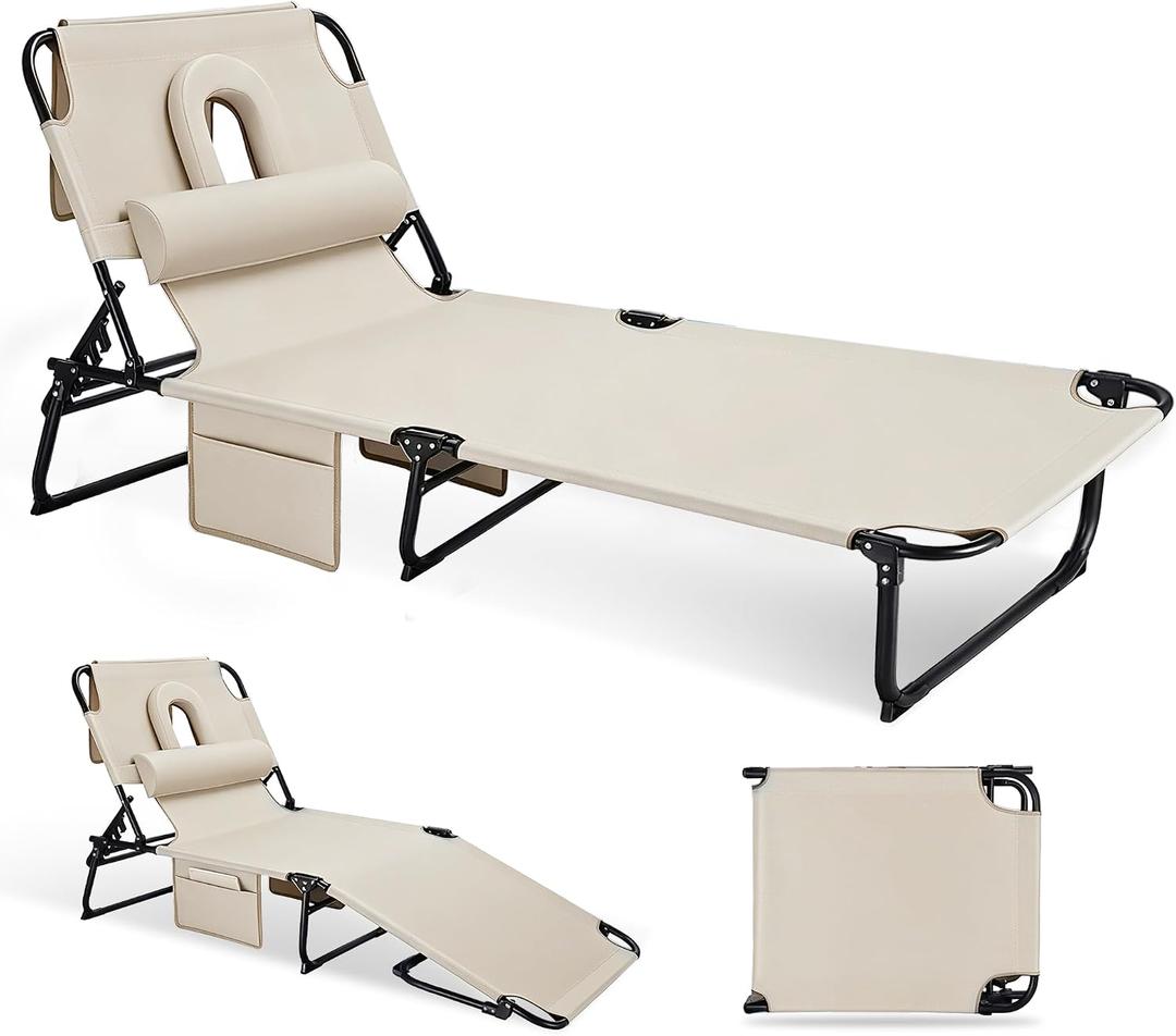 3-in-1 Sun Tanning Chair with Face Holes, Folding Chaise Lounge Chairs, 5-Position Adjustable Lounge Chair Outdoor with 2 Side Pocket & Pillow, for Pool Beach, Patio, Camping, Beige