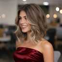 Ombre Light Brown With Blonde Short Wavy Wig for Women Lace Hairline Bob Style Synthetic Heat Resistant - Natural Appearance for Everyday Hairstyle 14 Inch